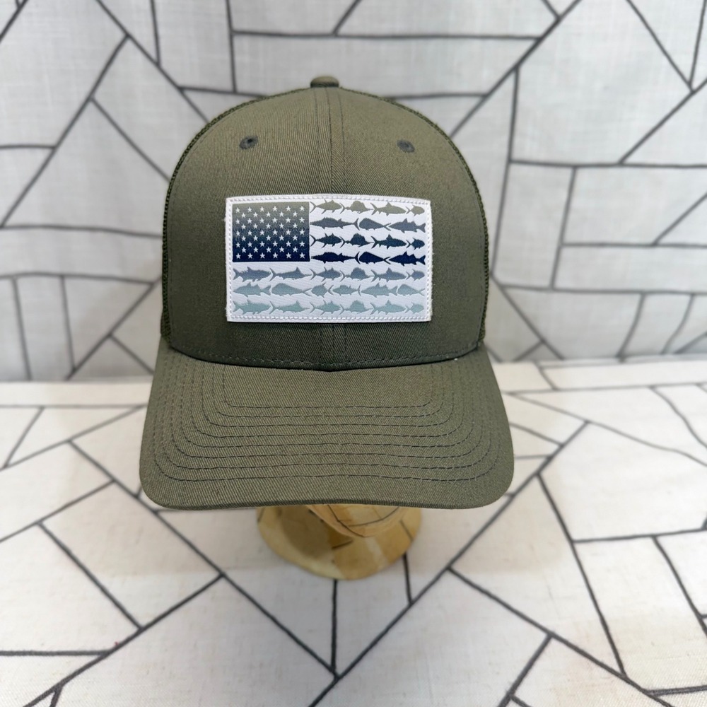 Columbia PFG Mesh Snapback Hat OS Olive Green Fish Flag Trucker Cap CU0141